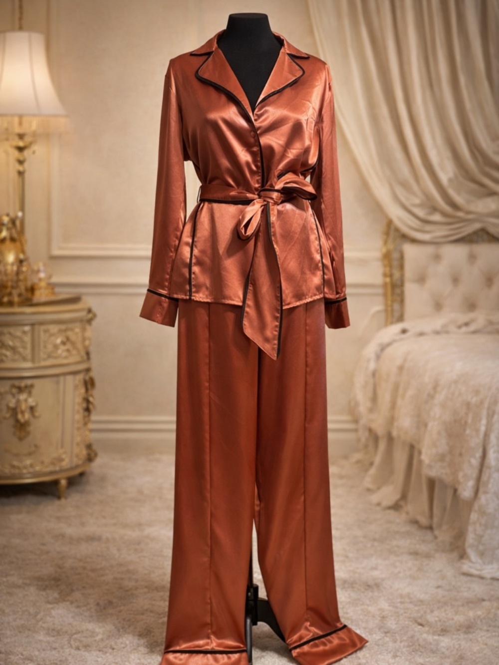 RARE VTG Frederick's of Hollywood Regency Glam Copper Satin Wide-Leg Pajama S